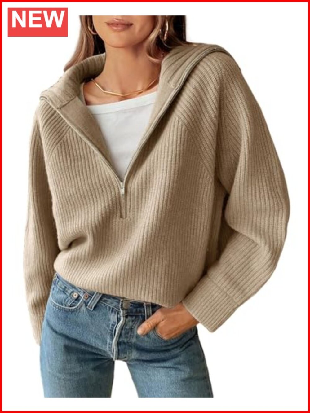 Rib Knit V Neck Quarter Zip Pullover Sweater Womens Fall Casual